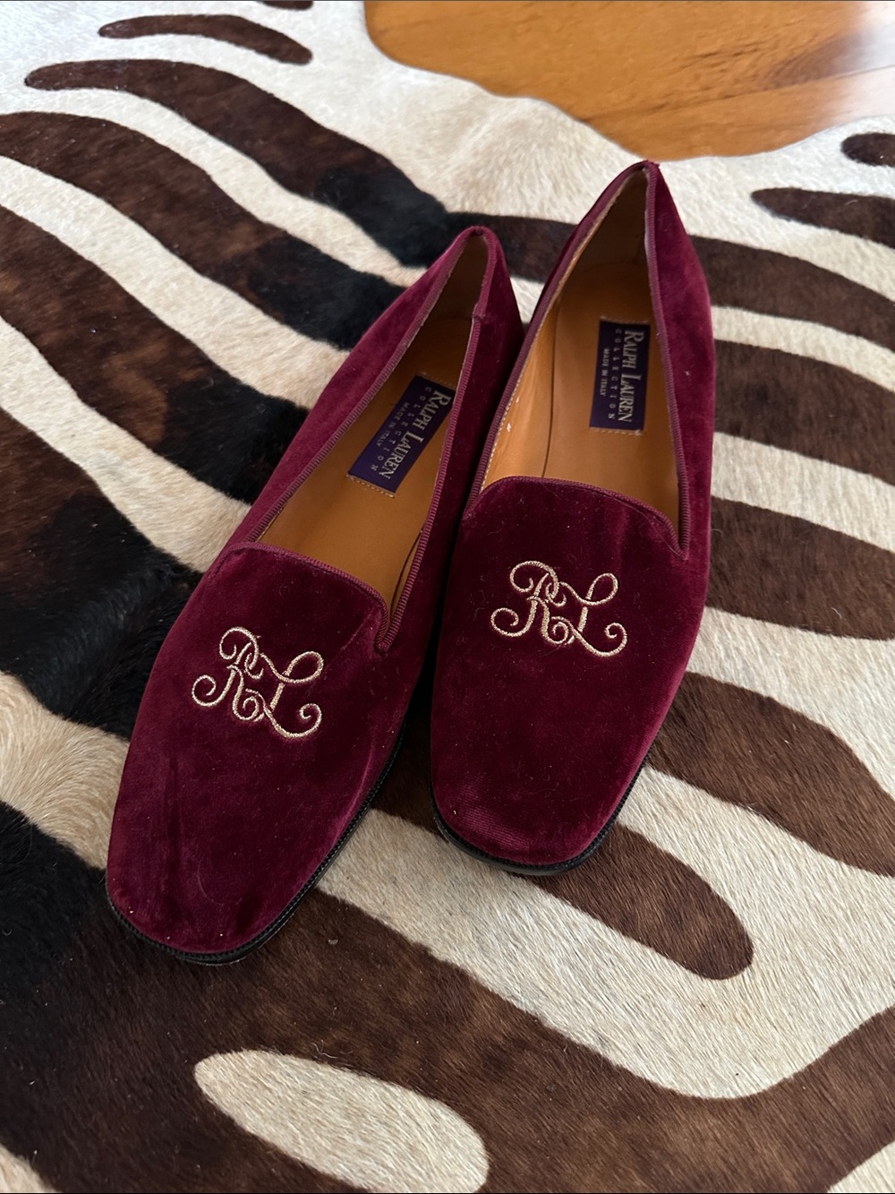 Ralph Lauren Men’s Burgundy Velvet Loafers with Gold Monogram